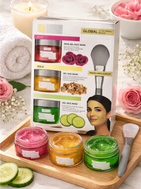 3-Pack Gel Face Mask Set + Applicator Brush | Rose Gold Cucumber Spa Kit